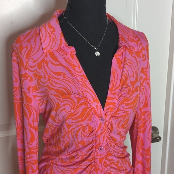 NEW Sanctuary Daydream Knit Stretch Button Front Shirt Dress Pink Orange Print L - Picture 4 of 13